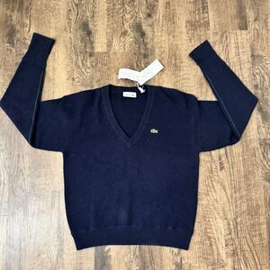 Lacoste Sweater Women V-Neck Organic Cotton Navy Blue Logo Pullover 34-2 Winter